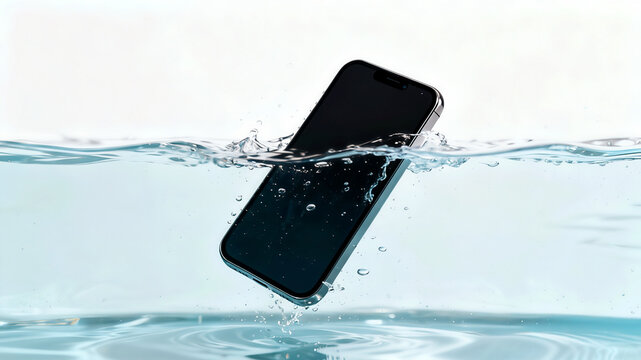 Smartphone falling into clear water with splashes on white background.