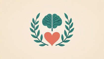 Illustration of brain and heart with laurel branches symbolizing mental health and emotional well-being. Clean, modern graphic for awareness campaigns and medical topics.