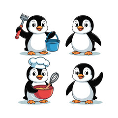 Fototapeta premium Cartoon penguins in various poses with kitchen utensils and chef hat cooking vector illustration isolated on white background.