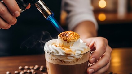 Professional barista meticulously caramelizing the delicate whipped cream on a luxurious specialty coffee drink with a culinary torch, emphasizing careful dessert creation