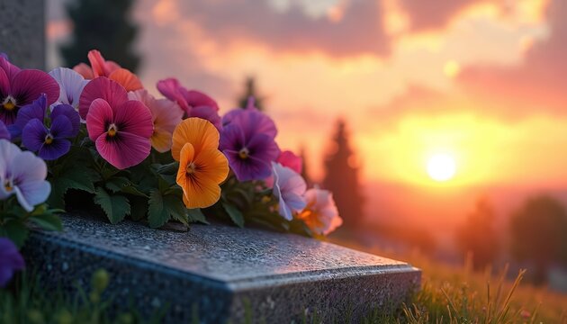 Colorful pansies rest on granite tombstone at vibrant sunset. Evening light warms grave site, flowers symbolize love and remembrance. Peaceful end of day.