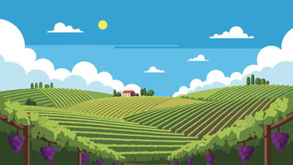 Scenic flat design vineyard vista with ripe grapes, rolling hills, and distant farmhouse