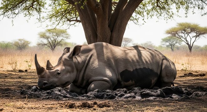 Indian rhinoceros standing in tall grass with thick armor-like skin and a single horn. A massive herbivore native to South Asia, symbol of strength and endangered wildlife.
