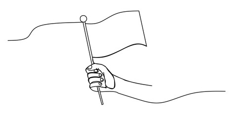 Continuous one line drawing of Hand holding flag. Single line drawing illustration of Hand hold flag. Celebration victory concept vector art.
