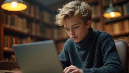 Young boy with blonde curly hair intently uses laptop in library among bookshelves. He wears a dark turtleneck sweater, focused on his task. Warm light from lamps illuminates scene.