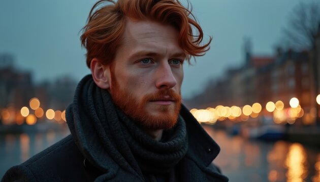 Young red haired man with beard stands by water at dusk. City lights glow softly in background creating bokeh effect. He wears dark coat and scarf.