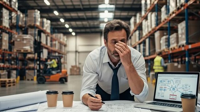 Tired businessman works late reviewing logistics in large warehouse.