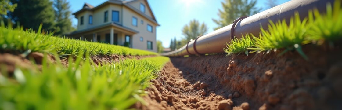 New pipe laid in trench across green lawn near suburban house. Plumbing construction work for residential water supply or drainage system renewal underground.