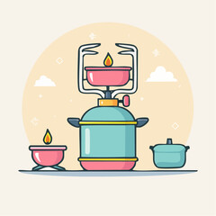 Vintage Camping Stove with Cooking Pots and Flame Illustration with Soft Pastel Clouds and Stars in Background