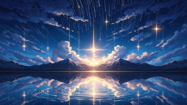 Celestial spectacle Glowing star showers illuminate majestic mountains reflected in a tranquil, starry lake under a twilight sky - Powered by Adobe