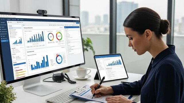 Businesswoman completing digital survey form and monitoring performance.