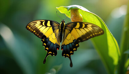Yellow butterfly rests on green leaf, near its chrysalis. Insect shows wings with black patterns. Soft light illuminates nature scene. Background blurred, bokeh effect.