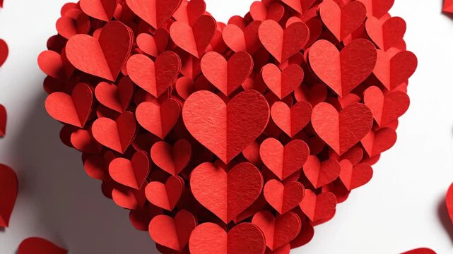 A large heart made of many small, scattered red hearts on a white background for Valentine's Day
