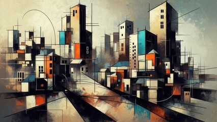 A surreal, abstract cityscape with geometric shapes and vibrant colors, featuring a mix of urban elements and a sense of movement.