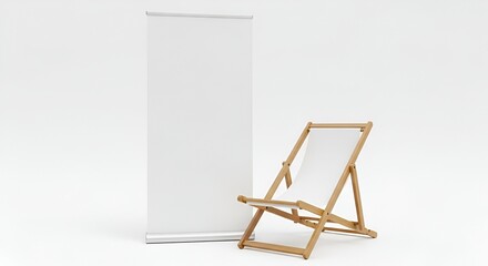 A stark white banner stands tall beside a classic wooden deck chair with white fabric, creating a