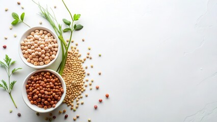 Healthy legume assortment in bowls with fresh herbs on a white background