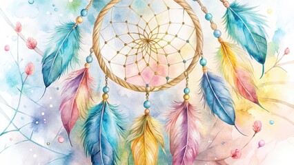 Watercolor Dream Catcher with Colorful Feathers and Delicate Floral Accents Hanging Against a Soft, Pastel Background