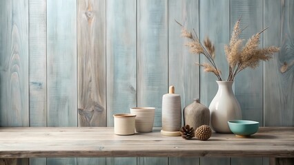Rustic Wooden Shelf Display with Earthy Tone Pottery, Dried Floral Arrangement, and Natural Accents