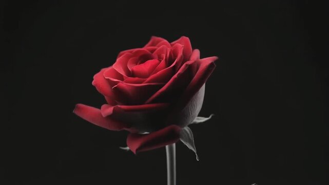 A single red rose on a stem against a dark background with subtle shadows