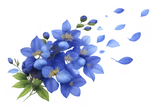 Blue floral bouquet with delicate petals falling, creating an elegant spring botanical illustration, transparent background - Powered by Adobe