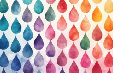 Colorful watercolor teardrop shapes form repeating pattern. Design features gradient of blues greens purples pinks oranges and reds. This abstract artistic background is ideal for creative projects.