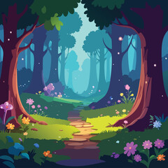 Fairy tale castle in a magical forest landscape with trees and moonlight at night