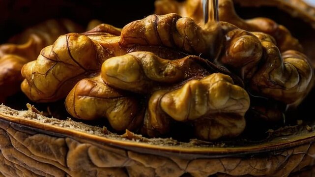 Close up of walnuts kernels inside the cracked shell