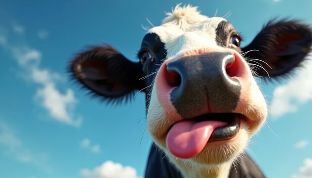 Cow face close up with pink nose and tongue out. Black and white spotted mammal looks at camera against blue sky with clouds. Funny, playful, curious animal.