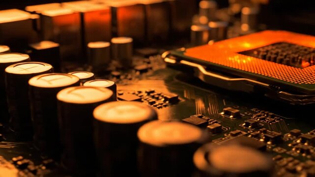 A close-up of a computer processor on a circuit board with various components, illuminated by orange light
