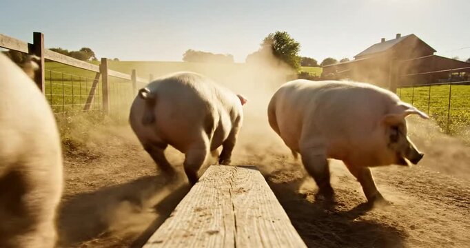 Group of pigs running excitedly towards a wooden fence on a sunny farm, dust swirling around