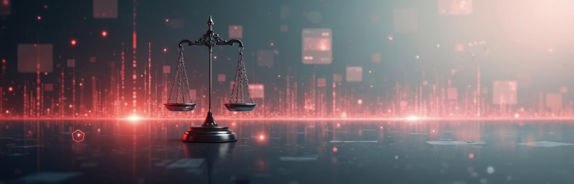 Justice scales balance digital data streams. Law and finance interact with tech policies. Fintech legal framework meets cyber security future.