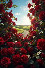 A hyper-realistic depiction of dark red roses showcases various stages of bloom, from tight buds to fully open flowers, amid natural imperfections. The scene includes glossy dark green leaves and tang