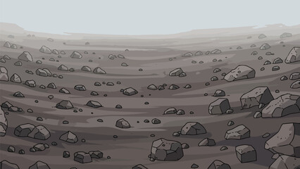 A vast desolate landscape strewn with diverse grey rocks under a muted, hazy sky, illustrating a stark, uninhabited planetary surface or extreme