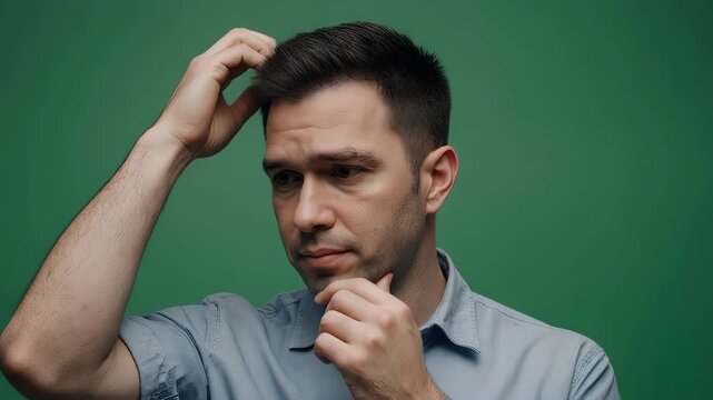 Pensive young man thinking hard and scratching his head.