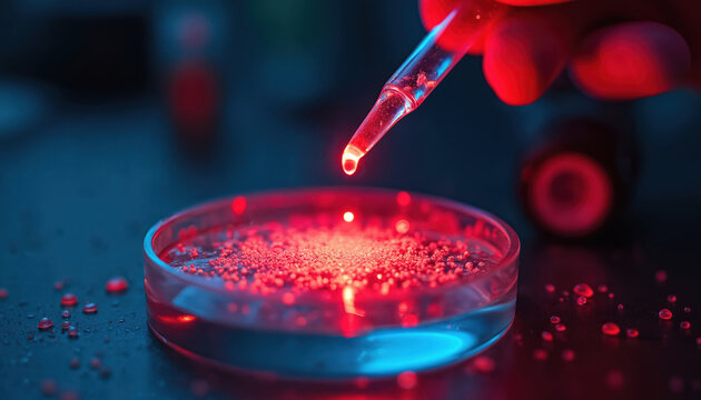Gloved hand holds dropper with glowing blue fluid. Liquid drops into petri dish with red particles. Science experiment with chemical substance in lab.