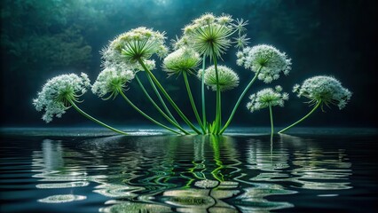 Serene Aquatic Bloom A Cluster of Delicate White Flowers Gracefully Resting on Still Water, Their Reflections Mirrored in the Dark, Tranquil Surface