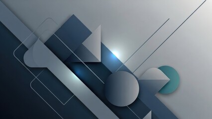 A geometric abstract design with a mix of dark and light gray shapes, including triangles, circles, and lines, set against a neutral background.