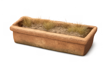 Terracotta planter box showing dry grass, a rustic clay garden trough with arid soil on transparent background