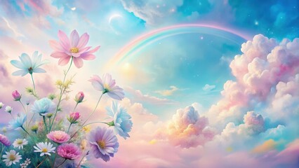 Pastel Blossoms Ascending Through a Dreamlike Celestial Landscape Adorned with a Vibrant Rainbow