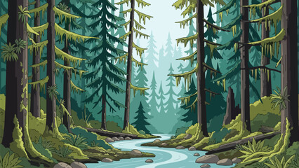 Vibrant vector illustration of a peaceful woodland river flowing through a lush, dense forest with towering pine trees adorned with hanging moss and