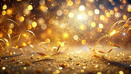 Golden Celebration Shimmering Ribbons and Sparkling Dust on a Glittering Surface
