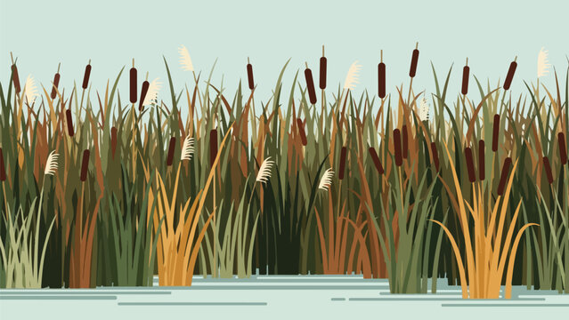 A tranquil illustration of a dense marshland habitat, brimming with tall cattails and diverse aquatic reeds rising from calm, shallow waters