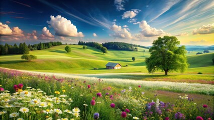 Serene Rural Landscape Rolling Green Hills, Vibrant Wildflowers, and a Picturesque Farmhouse Under a Stunning Sunset Sky