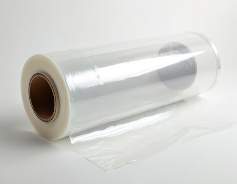Clear plastic film roll on cardboard core for industrial use packaging or printing applications. Flexible sheet material for protection and wrapping.