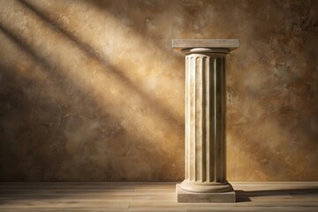 A solitary classical column stands elegantly against a textured wall, bathed in the warm glow of sunlight streaming through a window, creating a serene and timeless atmosphere.