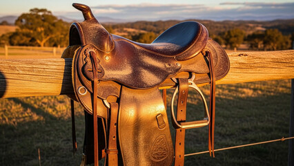 Saddle on wooden fence in sunset light, rural scene background with saddle on fence and western ranch scene for country landscape, travel brochure template