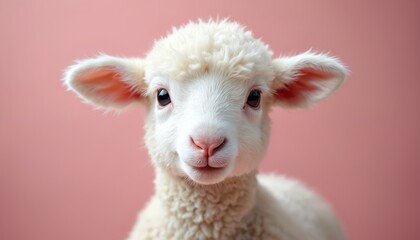 Fototapeta premium Cute fluffy white lamb with big dark eyes and pink nose looks directly at camera. Adorable young sheep with soft wool stands on plain pink background, gentle animal portrait.