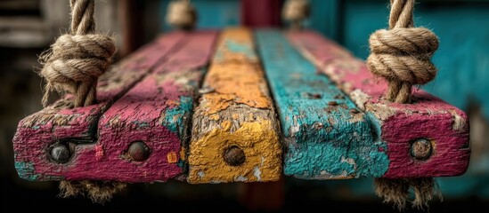 Close-up of a weathered, colorful swing seat with rope ties