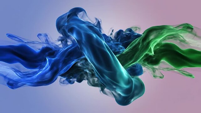 Colorful liquid ink clouds collide and mix in mid-air, creating a mesmerizing abstract art piece with vibrant blue, green, and pink hues in the background, possibly used for creative design