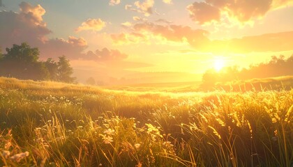 A vibrant sunrise casts a golden glow over a vast field of tall, swaying grass and wildflowers